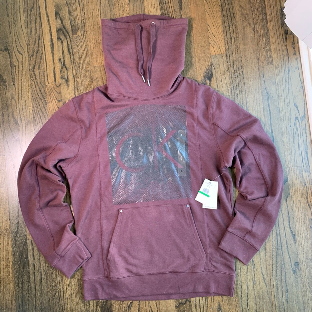 Calvin Klein Jeans Men's Funnel Neck Hoodie Pullover Large Fudge Plum Brown NWT